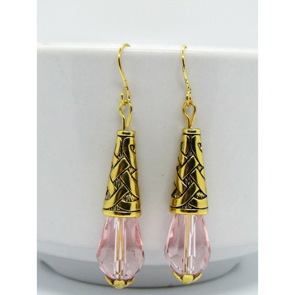 Pink Teardrop Crystal Decorative Cone Gold Dangle